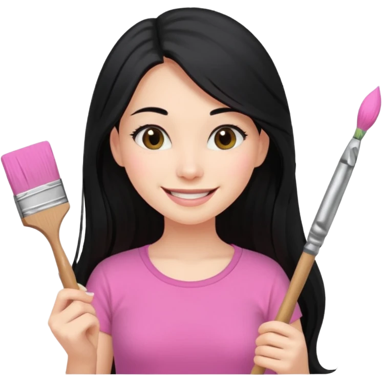 Painting women. smilling   Long black hair,  lunette peinture top pink, pinceau emoji