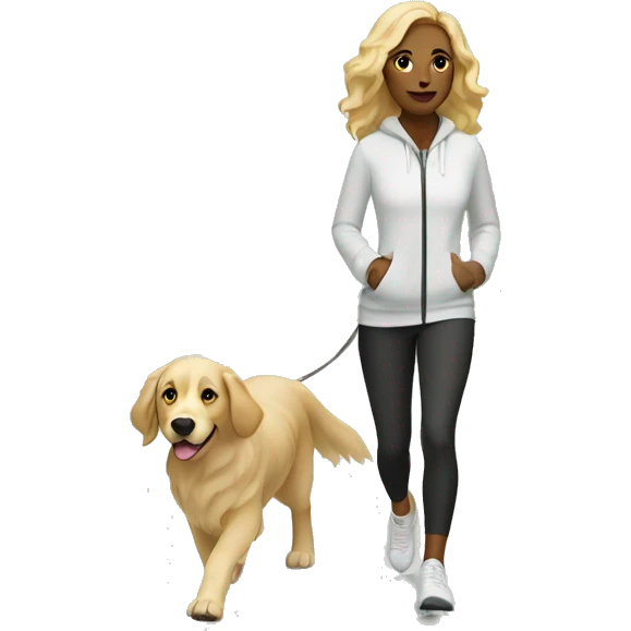 Woman wearing athleisure walking white golden retriever emoji