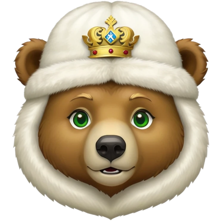 Cute grizzly bear face with green eyes, wearing a white fur hat with golden Russian coat of arms in the middle emoji