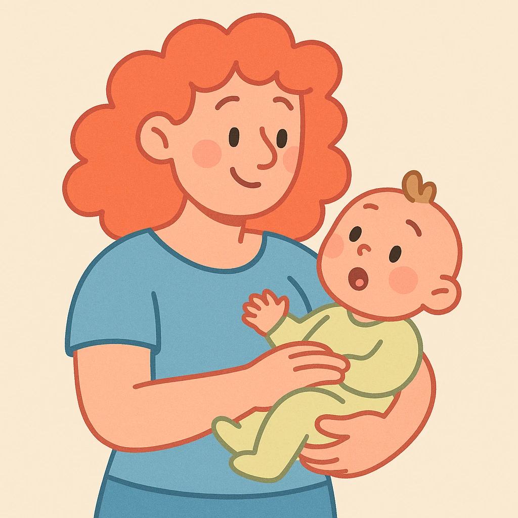 woman with curly red hair holding a baby, soft pastel illustration style emoji