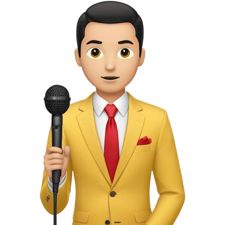 Man with black pulled back hair, wearing a yellow suit and red tie, holding a microphone emoji