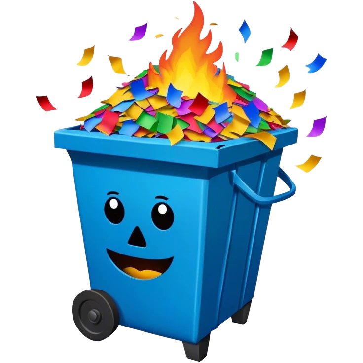 Dumpster fire piñata with confetti emoji