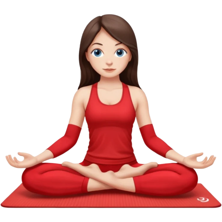 Brunette long hair and blue blue eyes yoga beautiful girl in bright red  clothes sitting on a yoga mat emoji