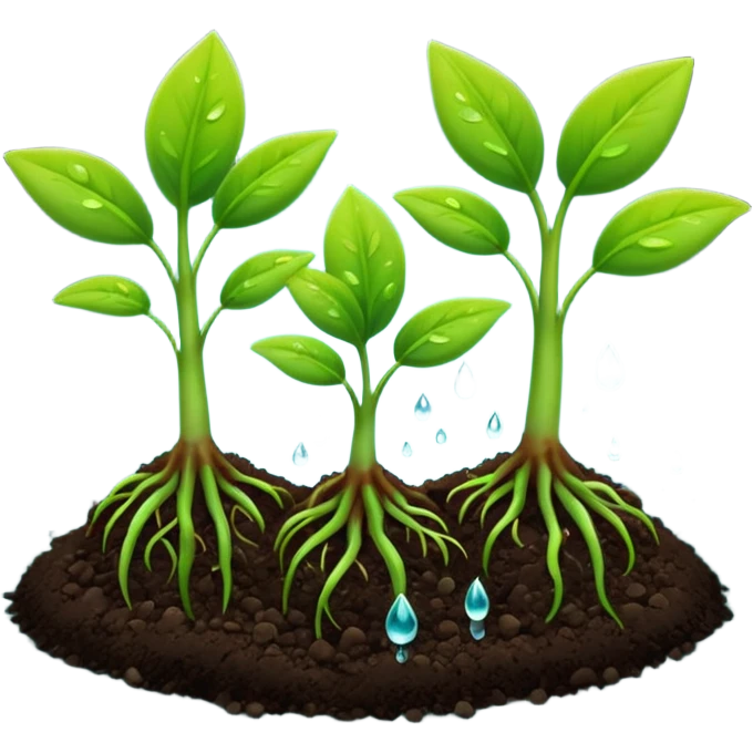 A 3D cartoon view of small green seedlings sprouting from dark soil, soft sunlight, water droplets on leaves, minimal background, realistic Memoji-style look. emoji