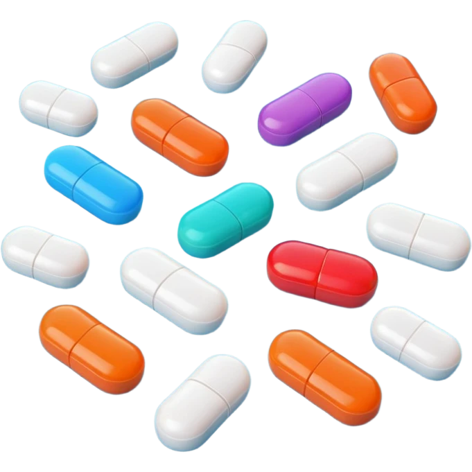 A group of colorful 3D cartoon pills scattered on a flat surface, round and oval shapes, soft lighting, smooth glossy finish, Memoji-style realism. emoji