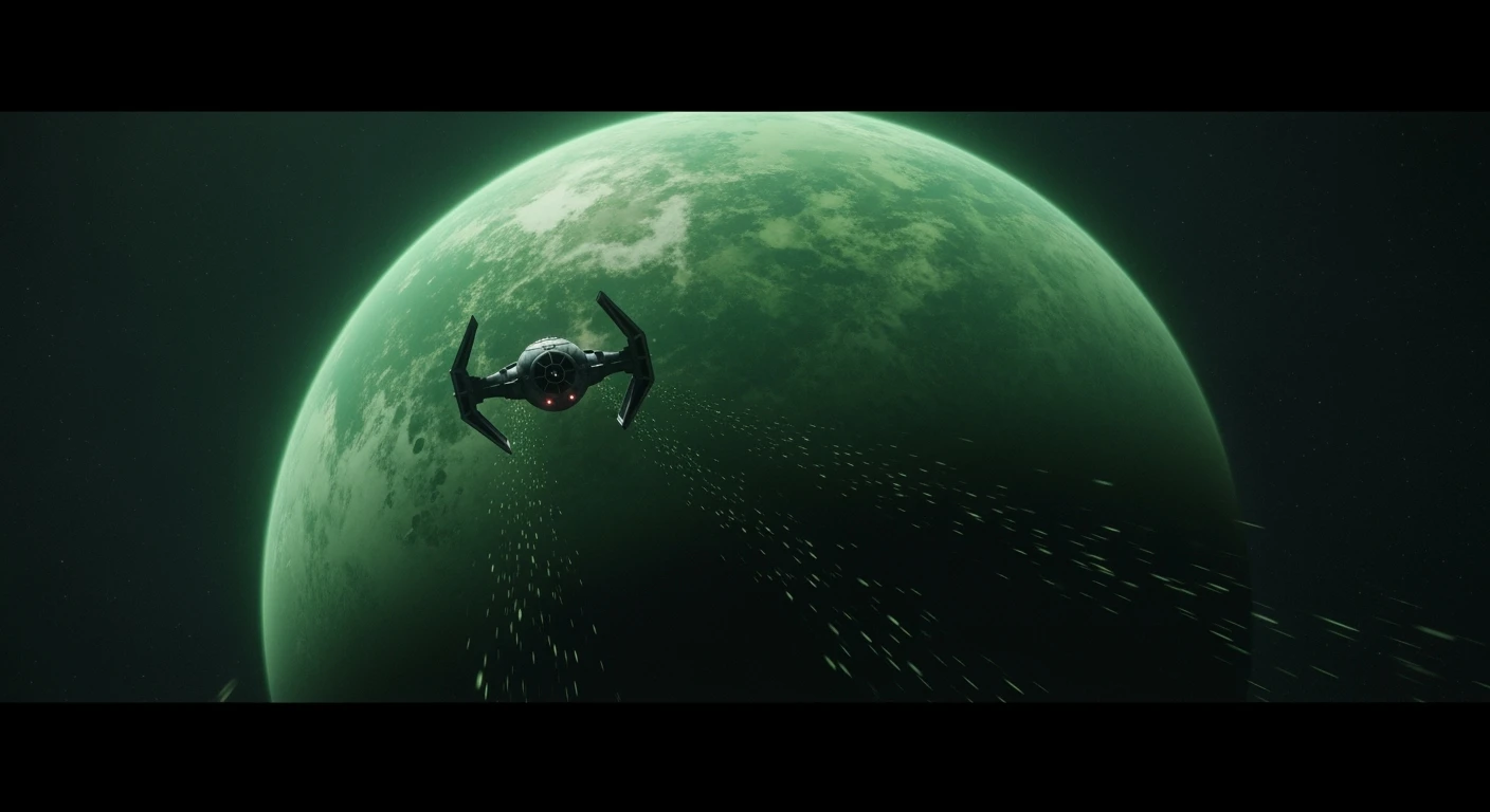cinematic still, entire globe green planet, single starship coming to planet, inspired by StarWars movie, captured by arri alexa  emoji
