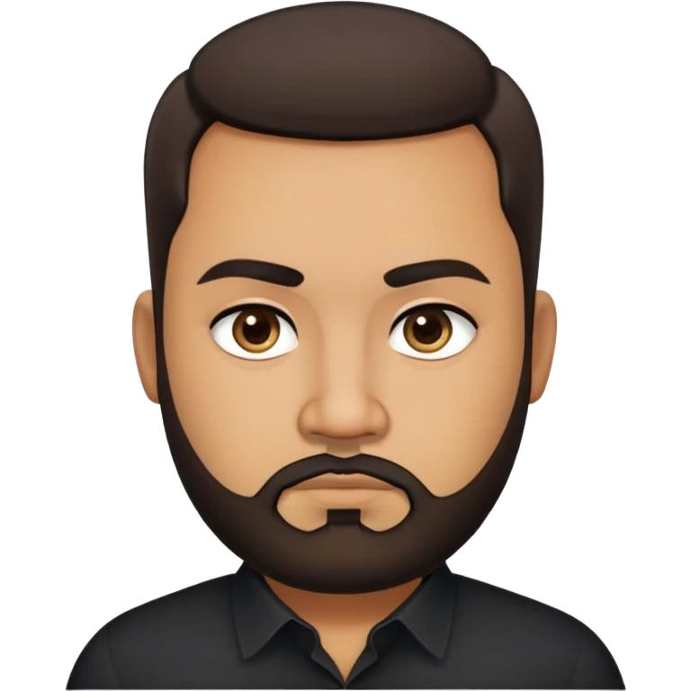 Heavier-set producer with light brown skin, pear-shaped face, full cheeks, serious dark eyes, thick eyebrows, wide nose, confident expression, short well-groomed beard, very short dark hair, wearing a black dress shirt emoji