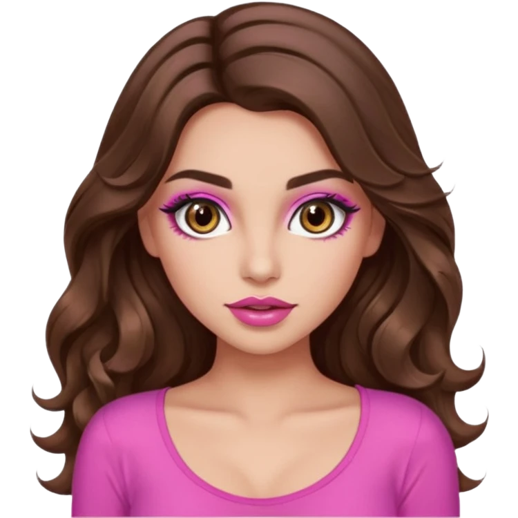 girl with long wavy brown hair, brown eyes, long lashes makeup, sexy pink lips, light to medium complexion, wearing a pink sexy t emoji