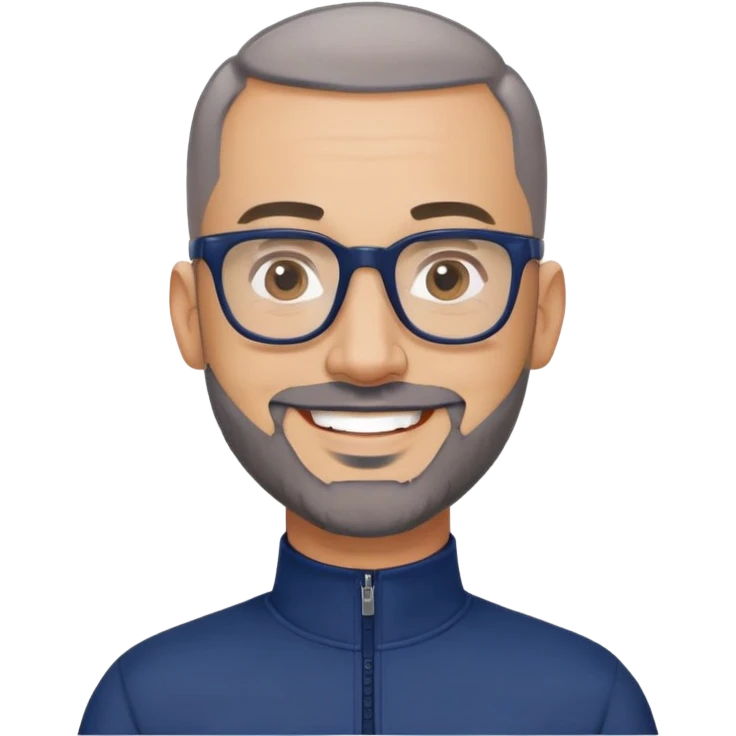 40-year-old light-skinned man with almost buzzcut haircut, short gray beard, large black-framed glasses, smiling face, wearing a navy blue zip-neck long sleeve athletic shirt emoji