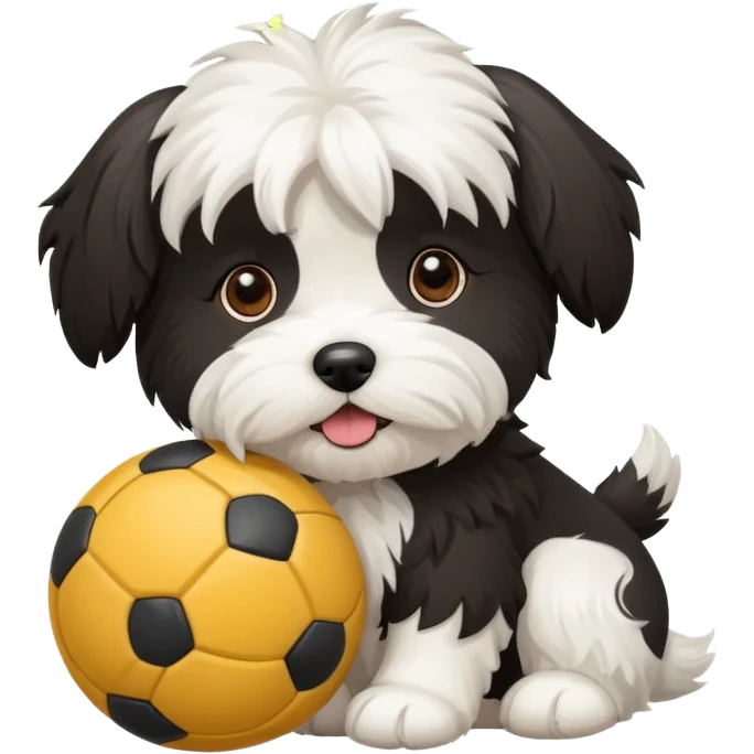mostly white & black Havenese dog standing with ball emoji