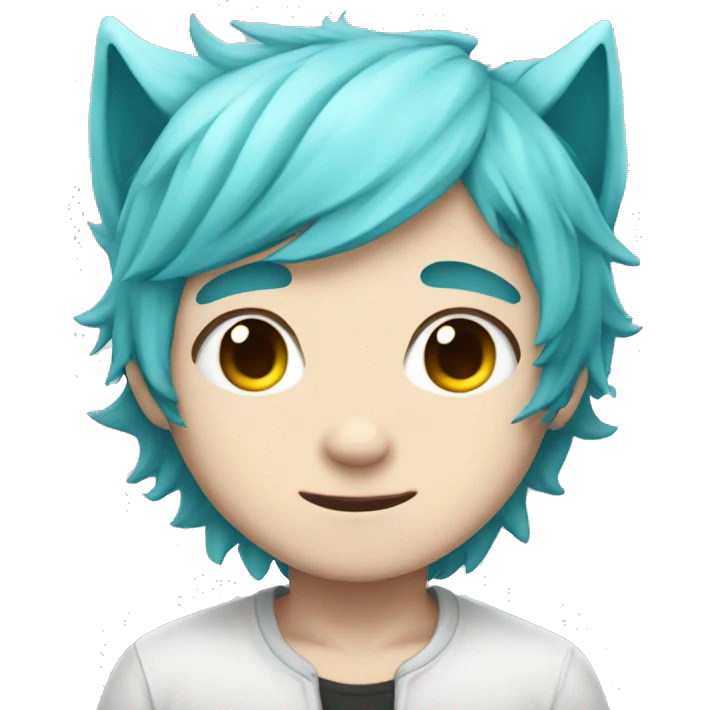chibi white skin cyan hair boy with wolf ears happy emoji