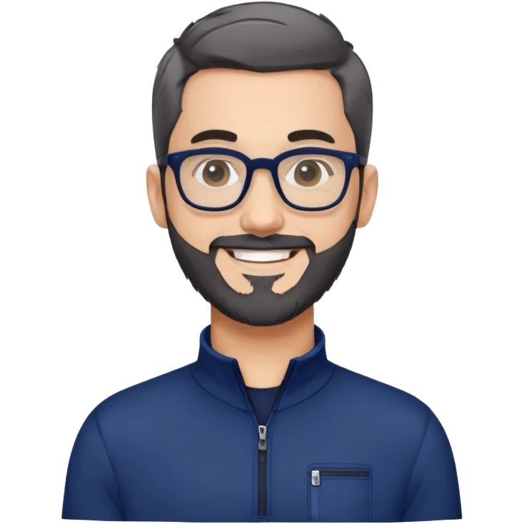 Light-skinned man with short black hair styled upward, short gray beard, large black-framed glasses, smiling face, wearing a navy blue zip-neck long sleeve athletic shirt emoji