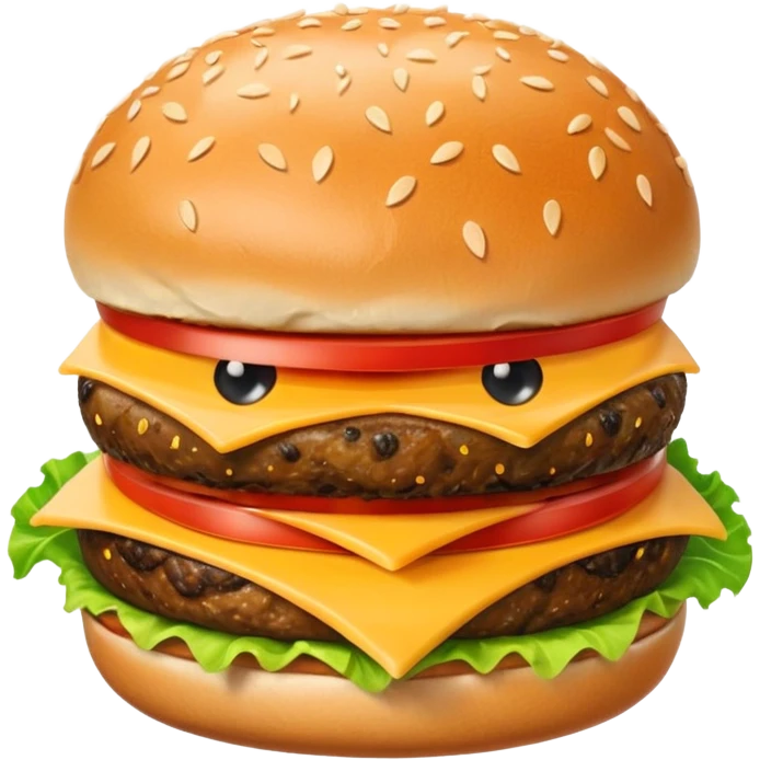Create an image of a burger face with eyes and mouth pooping up in blue background emoji