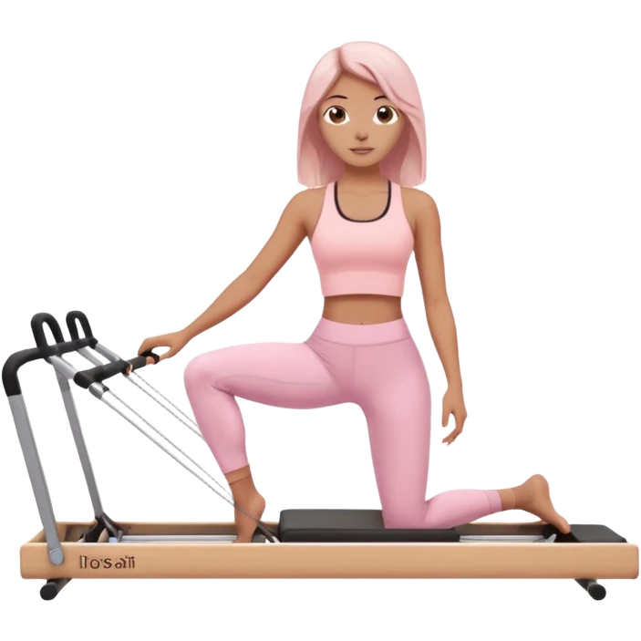 a girl doing reformer pilates, she is wearing a pastel pink fit and she has dark straight and loose hair.  emoji