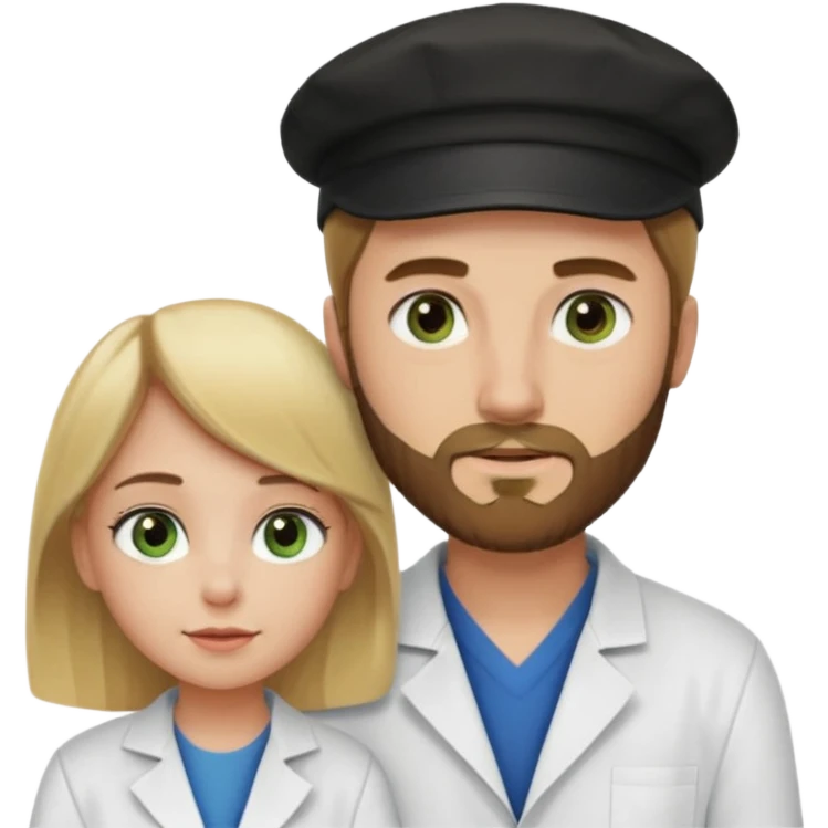 a blonde bearded guy wearing black cap, tall, fair skinned, brown eyes,  looking into the girls eyes who is short than him having green eyes and brown hair, who is in love with the guy, girl is wearing a lab coat, guy is wearing a brown jacket and blue jeans emoji