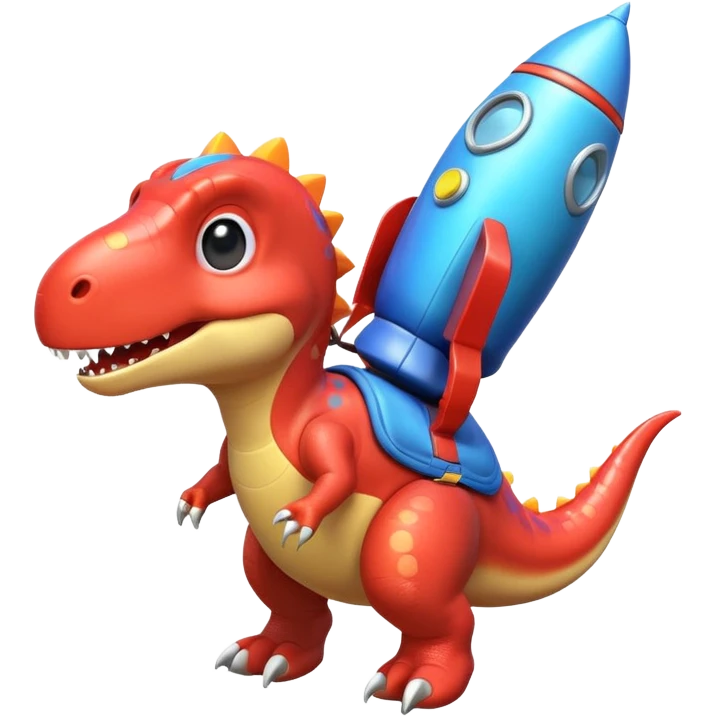 cute toy-like rocket-propelled dinosaur, rounded shapes, glossy texture, colorful rocket backpack, happy expression, 3D cartoon, mobile game icon style, clean background, no text, no watermark
 emoji