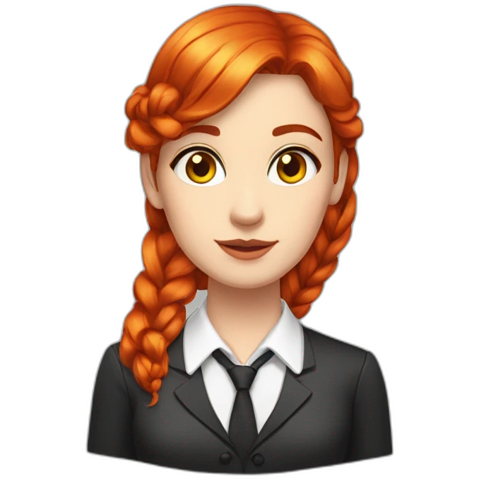 White Woman, red hair with fishtail braids and side swipe bangs, red hair, yellow eyes, white button up shirt, black tie. emoji