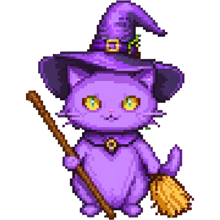 purple witch cat with a broom emoji
