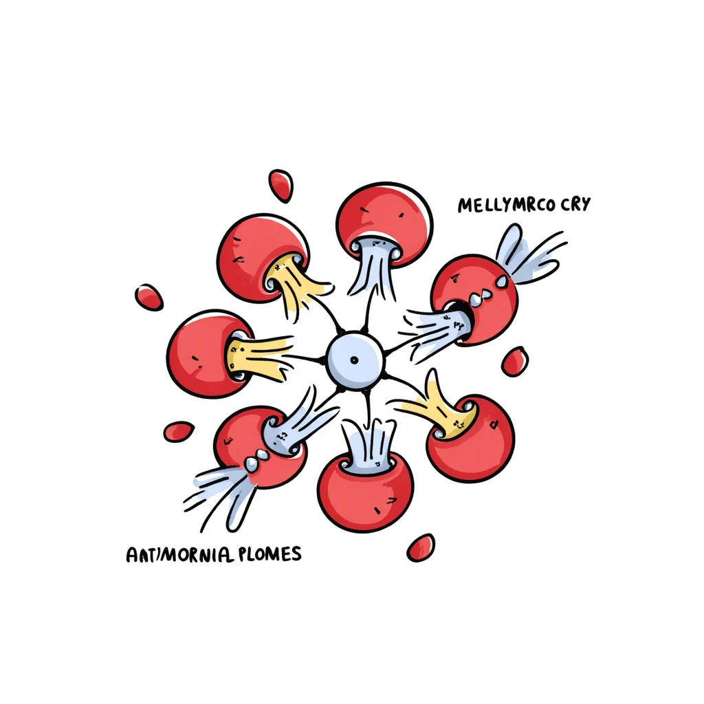 Anatomical diagram of antimicrobial mechanism: red bacteria with labeled parts (cell wall, membrane, DNA) surrounded by yellow antibiotic molecules and blue antimicrobial peptides breaking through cell structures. Hand-drawn scientific illustration with detailed cross-section view. emoji