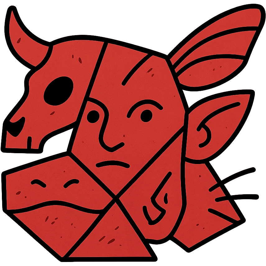 a red collage icon made of irregular cut-up pieces with visible line splits: stoat eyes/face section, minotaur skull with horn section, frog mouth section, elf ear section, cat whiskers section, and moth wings growing from the back of the head, arranged in an irregular cubist-like composition with clear dividing lines, weathered and scratched appearance, entirely red emoji