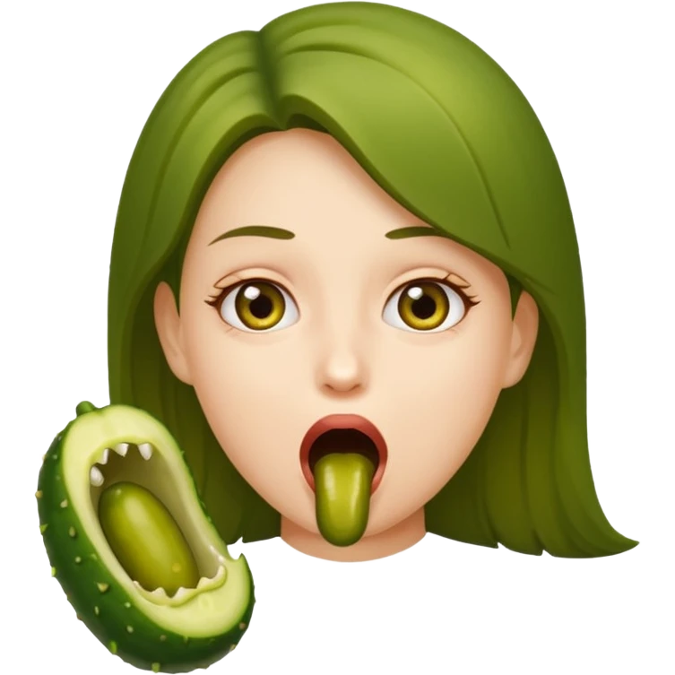 A girl opening her mouth insanely wide with a pickle inside her mouth  emoji