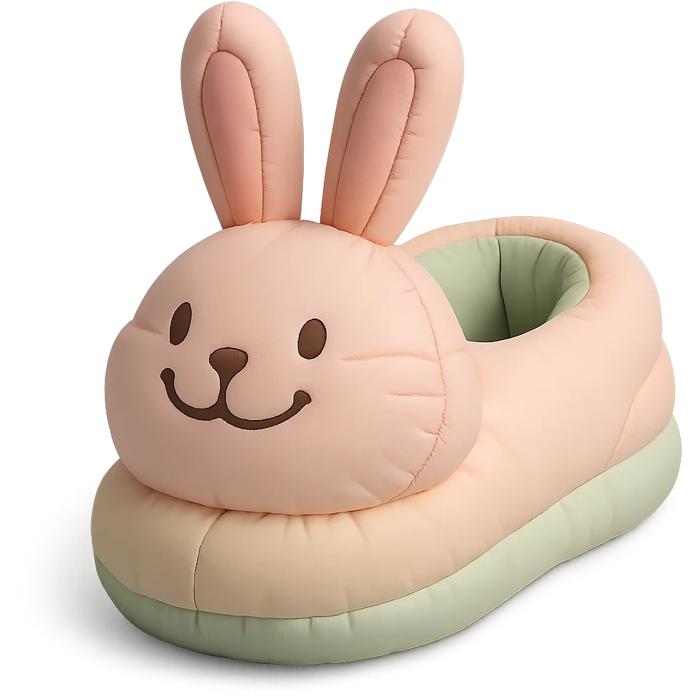 single bunny slipper with a big smile, soft and puffy look, pastel colors, cushion style emoji