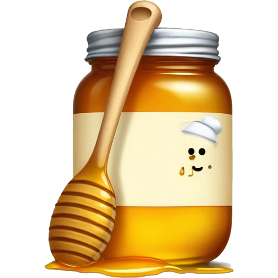 A jar of honey with a honey grooved spoon that is dripping honey  emoji