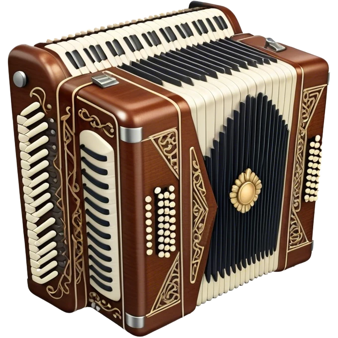 Cinematic Realistic image of a classic accordion, rendered with finely detailed textures and intricate keywork, set against a backdrop of soft, ambient lighting that highlights its vintage charm emoji