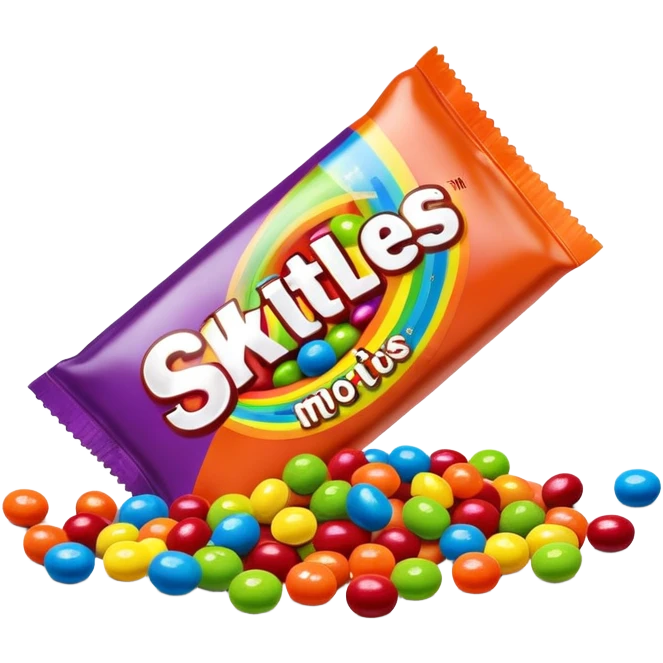 A vibrant rainbow-colored Skittles package with only bright green candies spilling out. The package is very colorful with red, orange, yellow, purple and blue, while all the candies are exclusively green. emoji