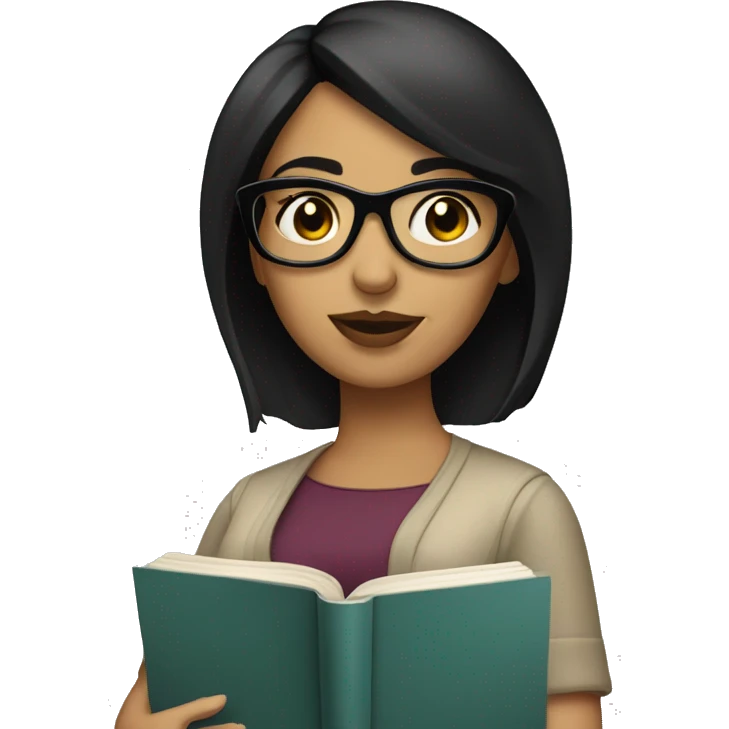 Hispanic woman with short straight black hair  and dark glasses with a book emoji