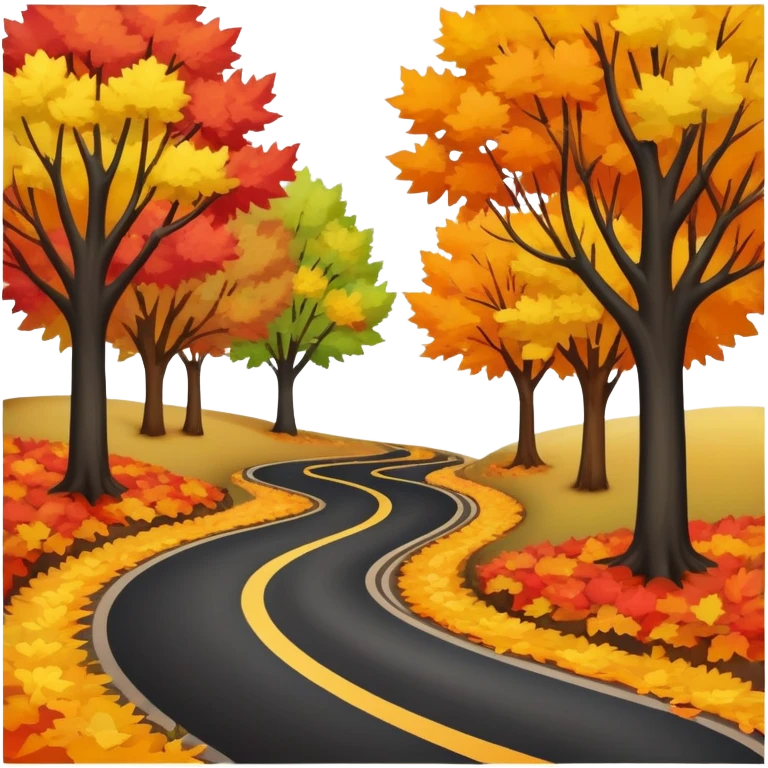 A winding black road through a path of autumn colored trees emoji