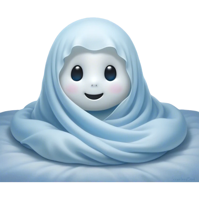 An adorable, peacefully floating sheet-like ghost in gentle pastel whites and blues, its soft, rounded form loosely draped, head resting with closed, serene sparkling eyes and a tiny, contented smile, simplified yet irresistibly charming, highly detailed, with a soft glowing outline that captures the essence of a sleepy, endearing spirit wrapped in cozy slumber! emoji
