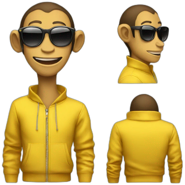 generate monky cool jumpsuit, sunglasses, side smile, yellow sweater, emoji