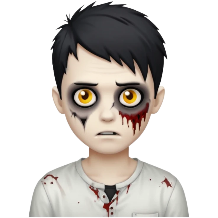 zombie boy with messy black emo hair, white shirt, scar on cheek, classic emoji style emoji