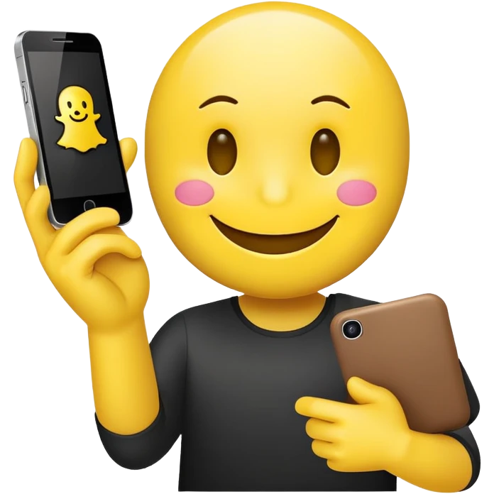 smiley face emoji holding a smartphone with Snapchat interface, sending snaps to friends emoji