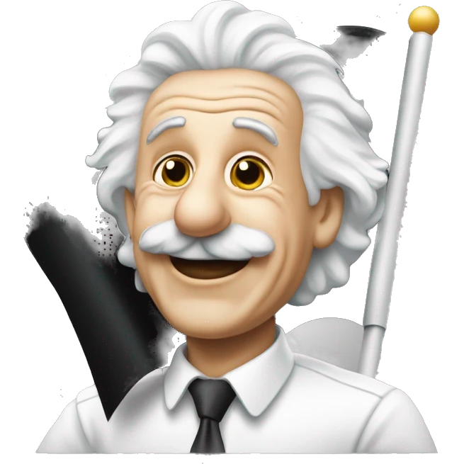 happy albert einstein holding black and white finish flag in one hand emoji
