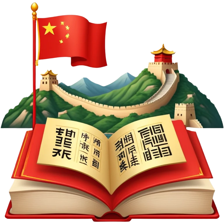 An icon featuring the Great Wall of China and the flag of China, symbolizing the Chinese language. The design includes an open book with Chinese characters and a red lantern, representing language learning and rich cultural tradition. Transparent background highlights the depth of Chinese heritage. emoji
