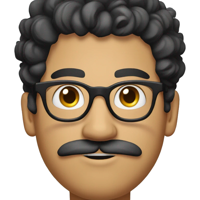 White man with his black curly hair in a big bun, big round glasses, a moustache and a goatee emoji