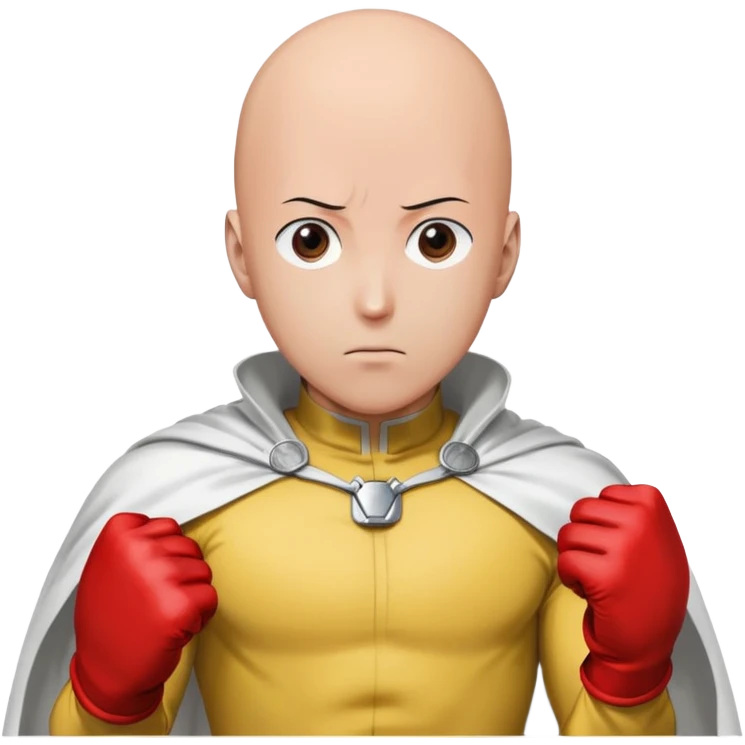 Saitama from One Punch Man, bald head, blank expression, yellow hero suit with white cape, red gloves emoji