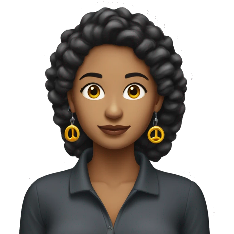 Mujer morena con pelo negro largo con pendientes circulares con sueter polo negro  emoji