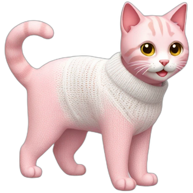 Smiling pink cat wearing white knitted sweater emoji
