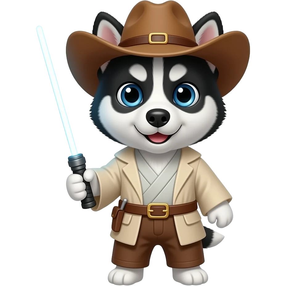 black Siberian Husky with blue eyes puppy wearing a cowboy hat dressed in Jedi clothing with a light saber emoji