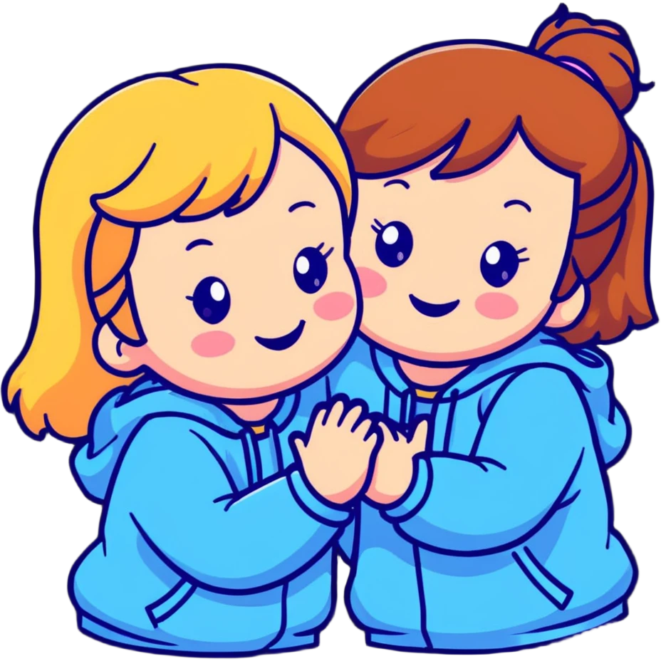 Two adorable girls with their cheeks touching, smiling, friendship pose emoji