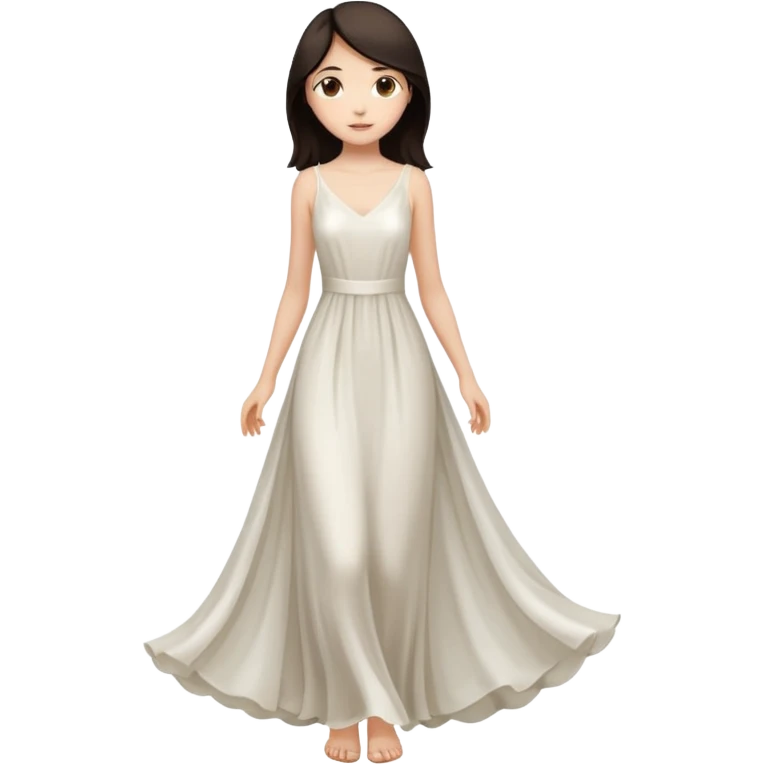 Make an emoji of a slender, full-length girl in an evening white dress with dark hair and brown eyes emoji
