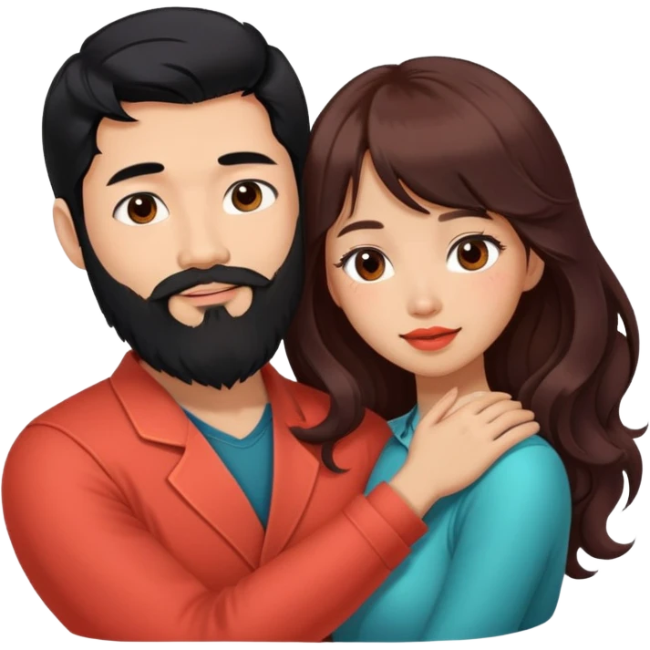 handsome tall asian man with long black hair and beard, hugging cute woman with tan skin and long wavy reddish brown hair with bangs and coral lipstick emoji