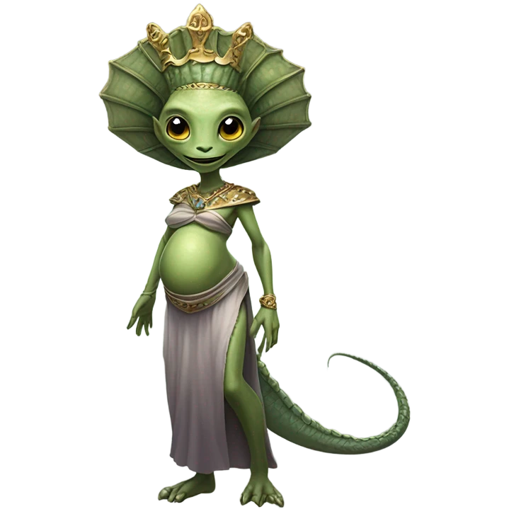 Pregnant reptilian alien woman, full body, have a crown emoji