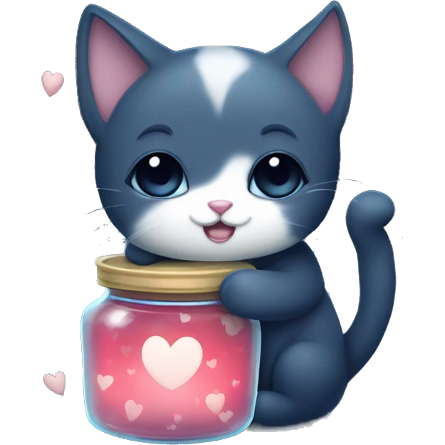 cute midnight sky colored cat hugging a jar filled with bright white hearts emoji