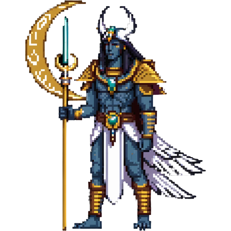 Egyptian moon god Khonsu with falcon head, lunar disk and crescent moon on head, divine staff emoji