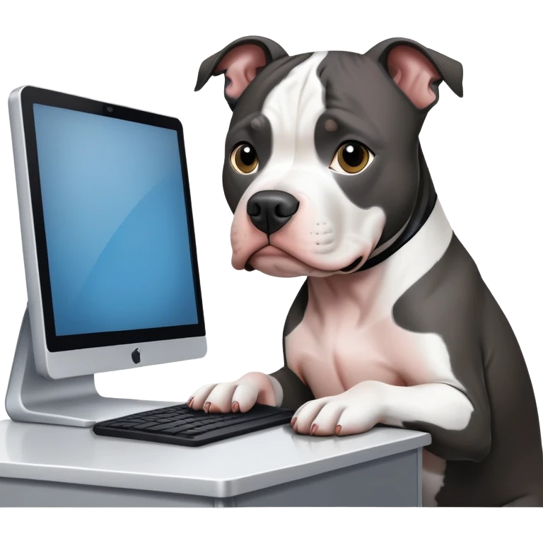 Black and white pitbull behind computer emoji