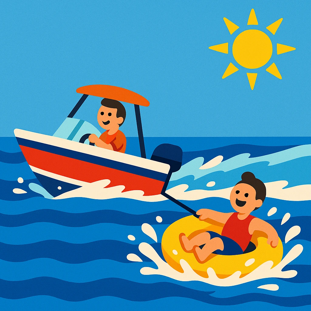 a small motorboat pulling a yellow inner tube with a person, water splashing, sunny day emoji